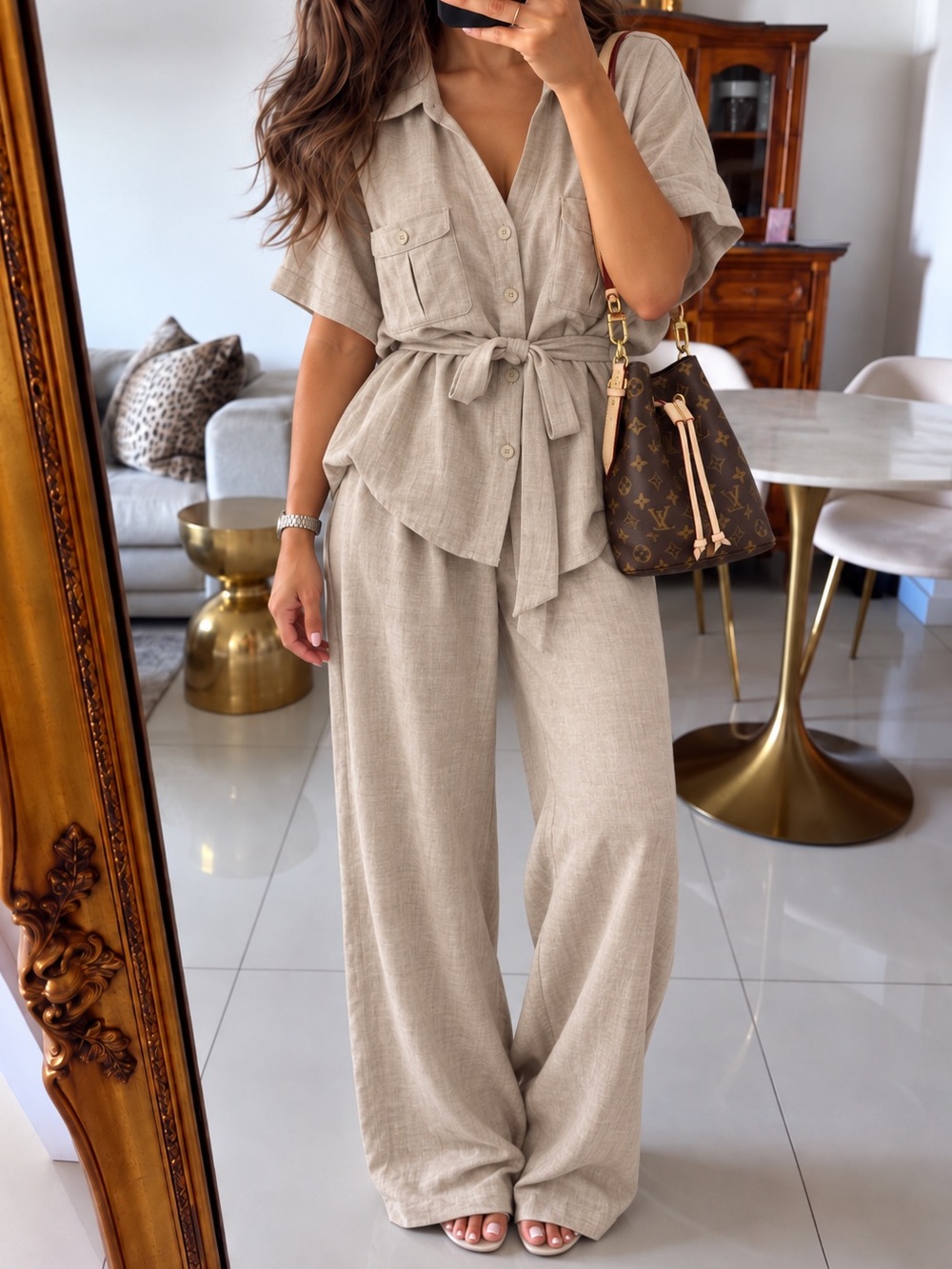 Linen blend 2 piece light beige Tie-Waist safari Pants & shirt matching SET